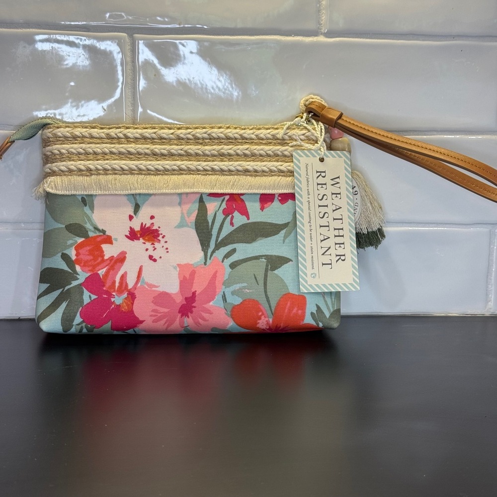 Spartina 449 Wristlet Women Small Blue Floral Weather Resistant Tassel Clutch